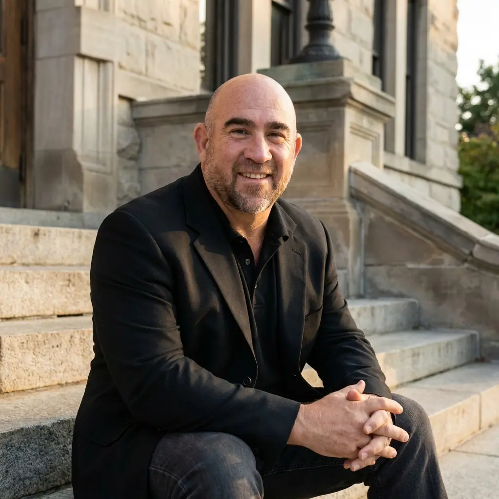 Brian Byers seated on the steps of a stone building